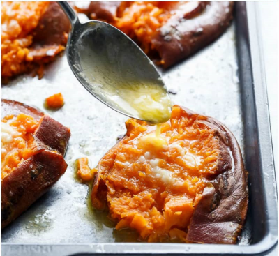 Easy Garlic Butter Smashed Sweet Potato With Parmesan Cheese